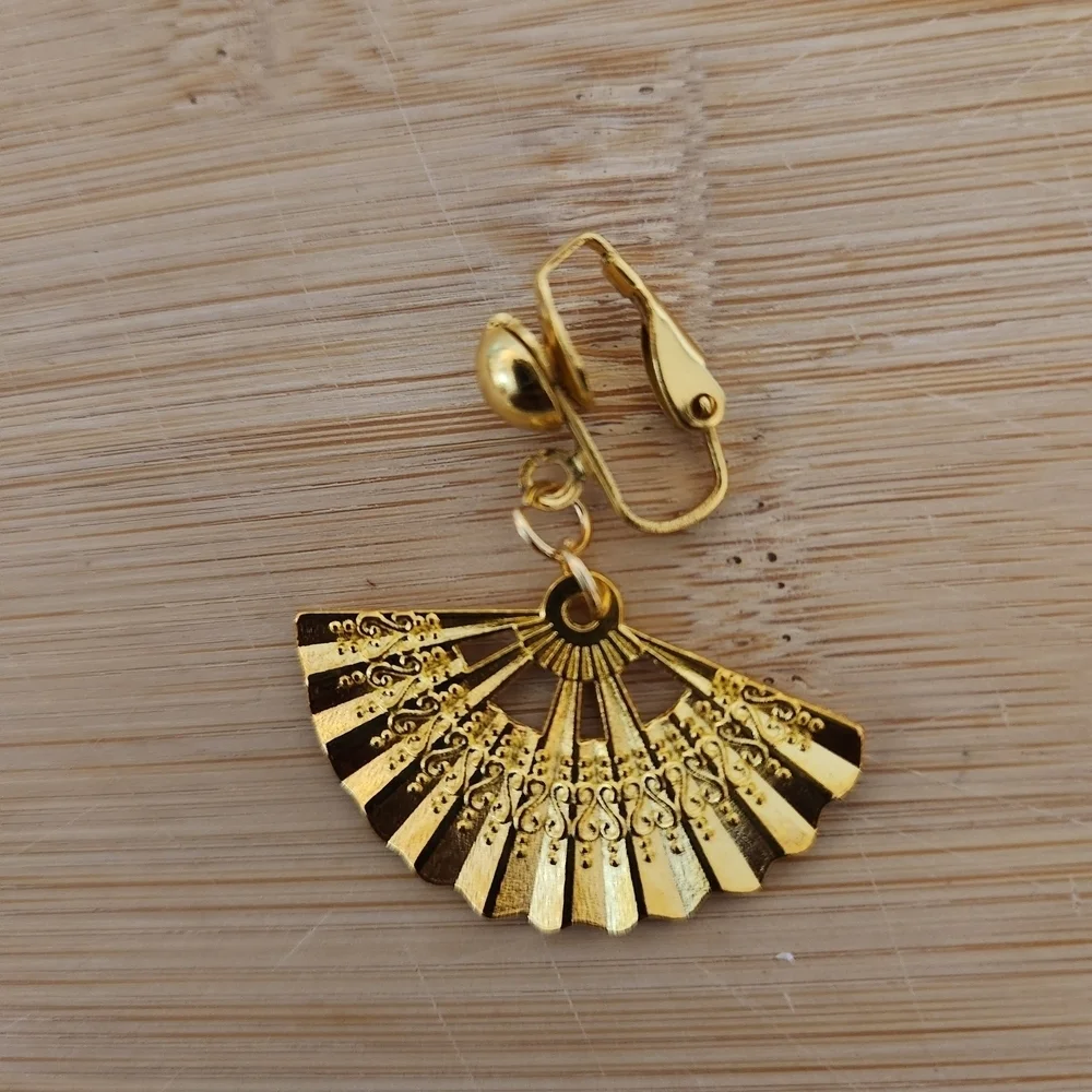 Hand Crafted Gold Fan Clip On Earrings Metallic - Picture 3 of 4